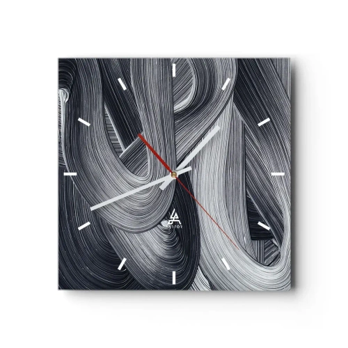 Reloj de pared - Reloj de vidrio - Abstracción en blanco y negro con pinceladas dinámicas. - 30x30cm - La fluidez de la realidad - Decoración de pared moderna para salón y dormitorio ARTTOR