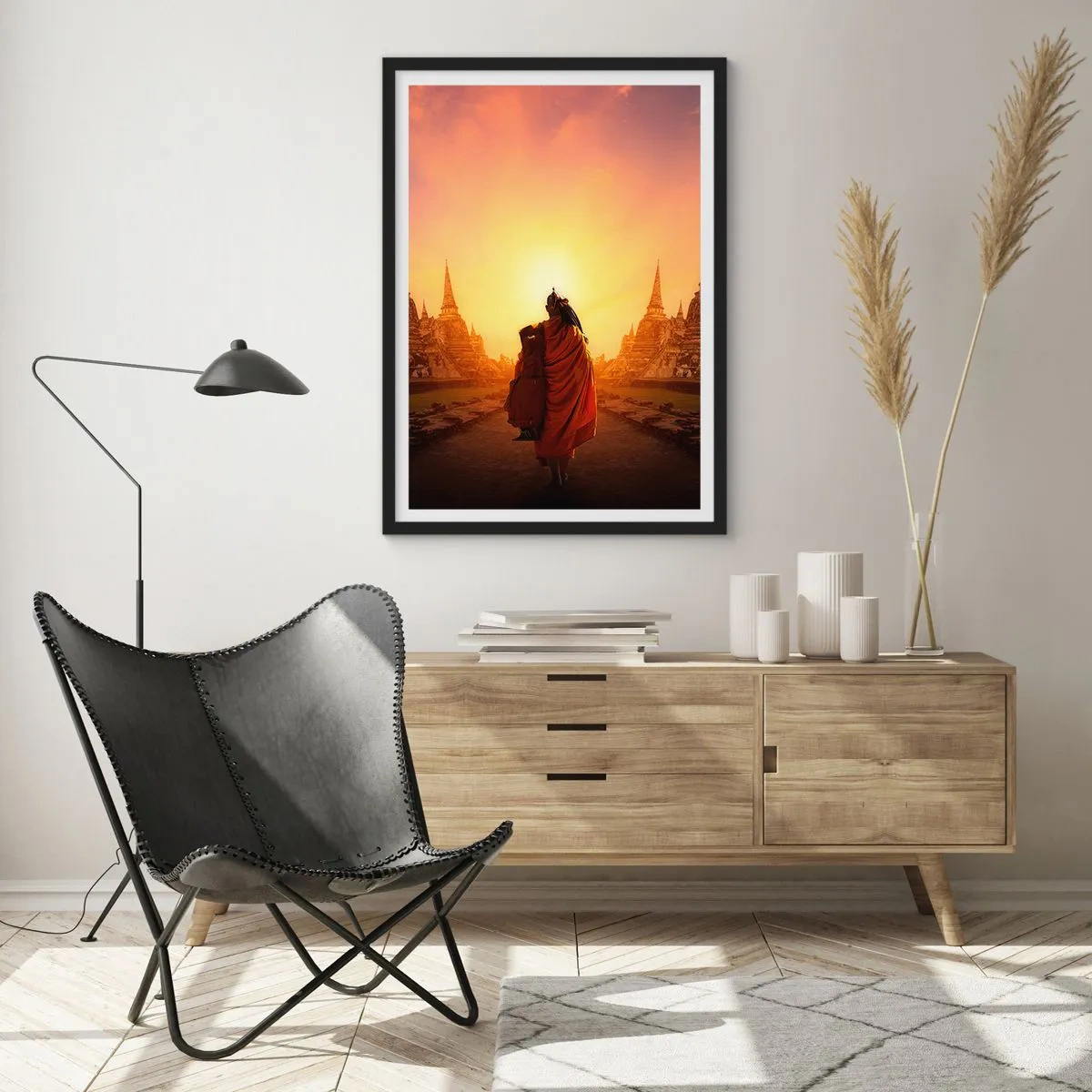 Póster en marco negro - Un monje budista bajo los rayos del sol naciente. - 50x70cm - En paz por la eternidad - Decoración de pared moderna para salón y dormitorio ARTTOR