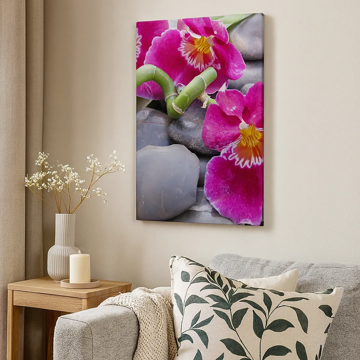 Cuadro sobre lienzo - Impresión de Imagen - Orquídeas rosas sobre un fondo de piedras lisas. - 50x70cm - Frío y calor - Decoración de pared moderna para salón y dormitorio ARTTOR