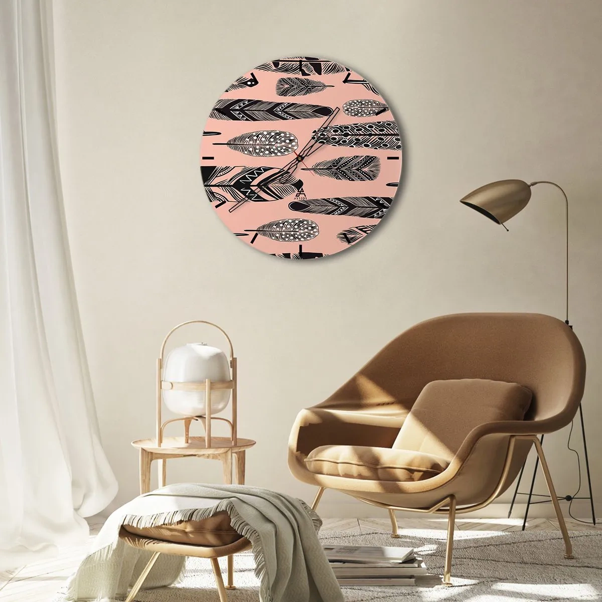 Reloj de pared - Reloj de vidrio - Motivo decorativo de plumas negras sobre fondo rosa. - 30x30cm - Una colección india - Decoración de pared moderna para salón, cocina y dormitorio ARTTOR