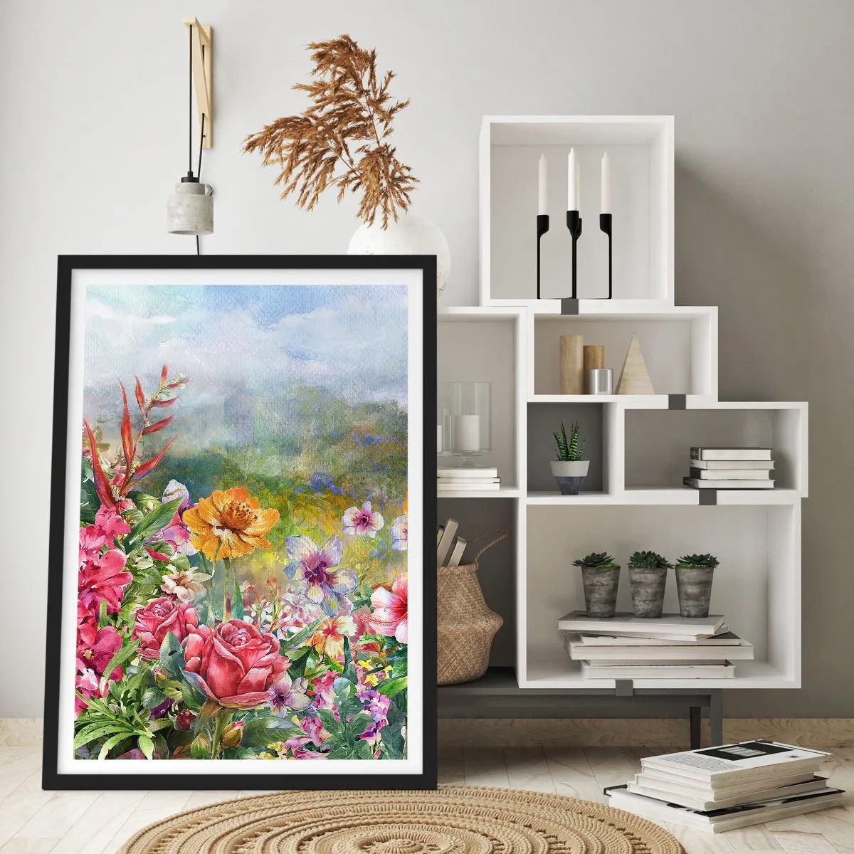 Póster en marco negro - Un campo de flores en un día soleado. - 50x70cm - Un jardín enloquecido - Decoración de pared moderna para salón y dormitorio ARTTOR