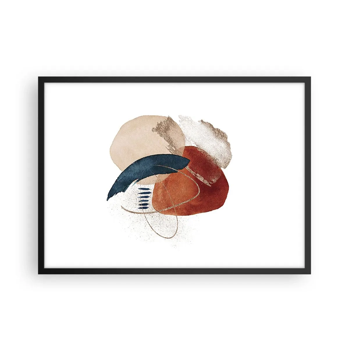 Póster en marco negro - Una composición abstracta con manchas en tonos tierra y azul marino. - 70x50cm - Composición ovalada - Decoración de pared moderna para salón y dormitorio ARTTOR