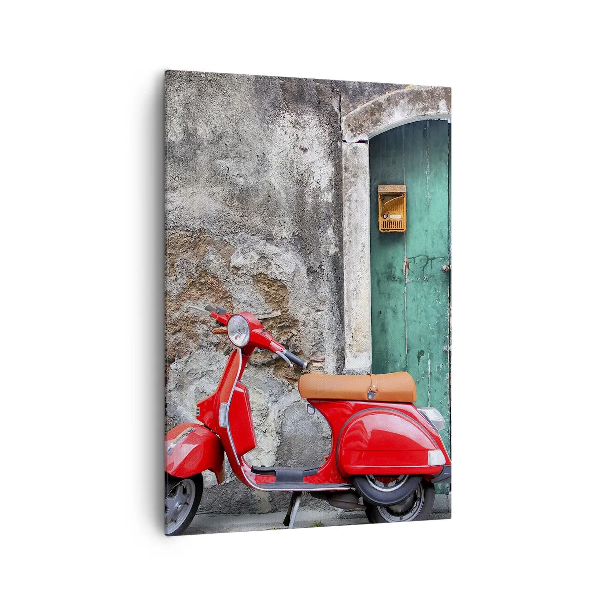 Cuadro sobre lienzo - Impresión de Imagen - Scooter rojo junto a la puerta verde - 70x100cm - Vacaciones en Italia - Decoración de pared moderna para salón y dormitorio ARTTOR