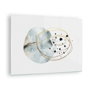 Cuadro sobre vidrio - Impresiones sobre Vidrio - Composición abstracta con una mancha azul y líneas doradas. - 70x50cm - El concepto del espacio - Decoración de pared moderna para salón y dormitorio ARTTOR