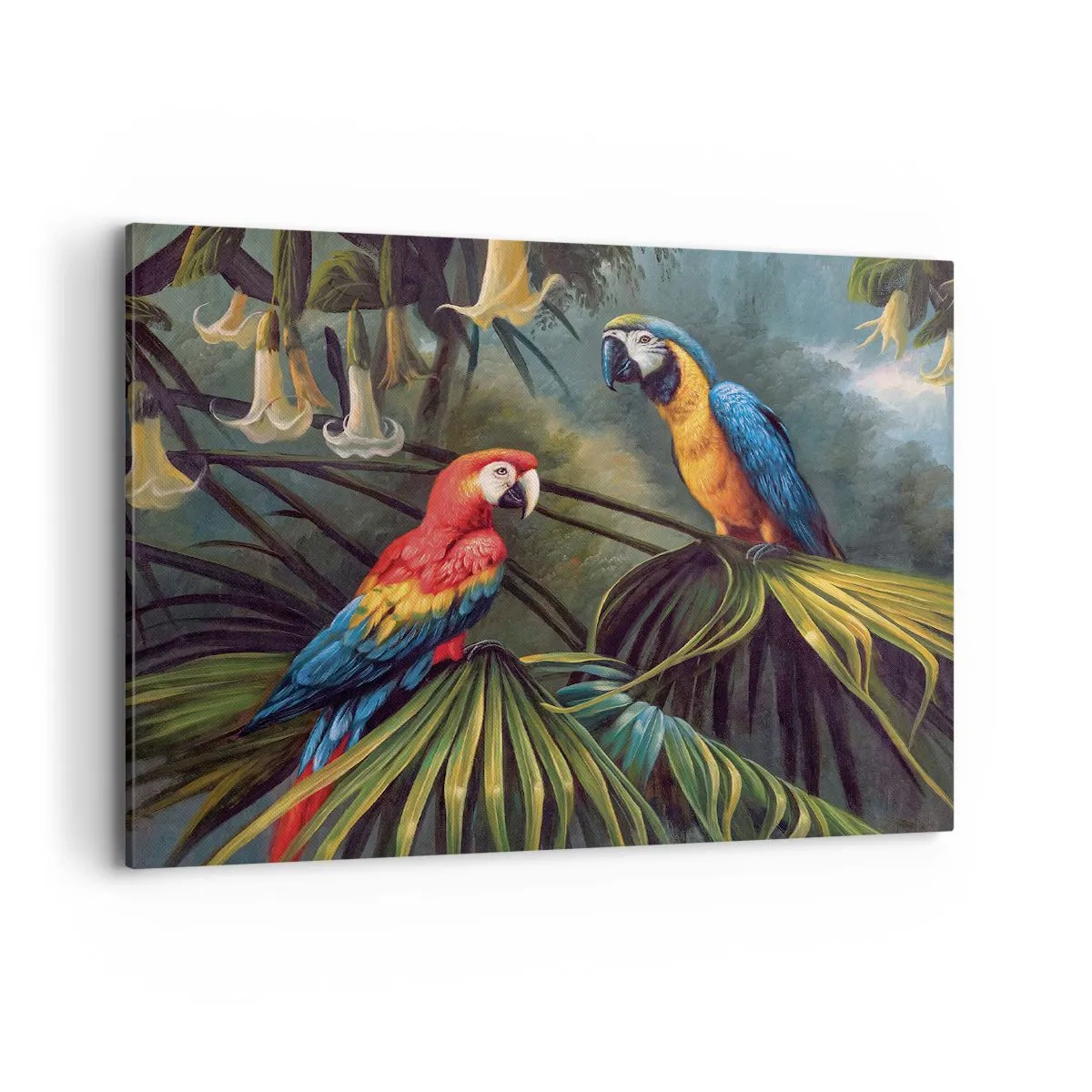 Cuadro sobre lienzo - Impresión de Imagen - Loros en un bosque tropical con flores exóticas al fondo. - 100x70cm - Romanticismo en los trópicos - Decoración de pared moderna para salón y dormitorio ARTTOR