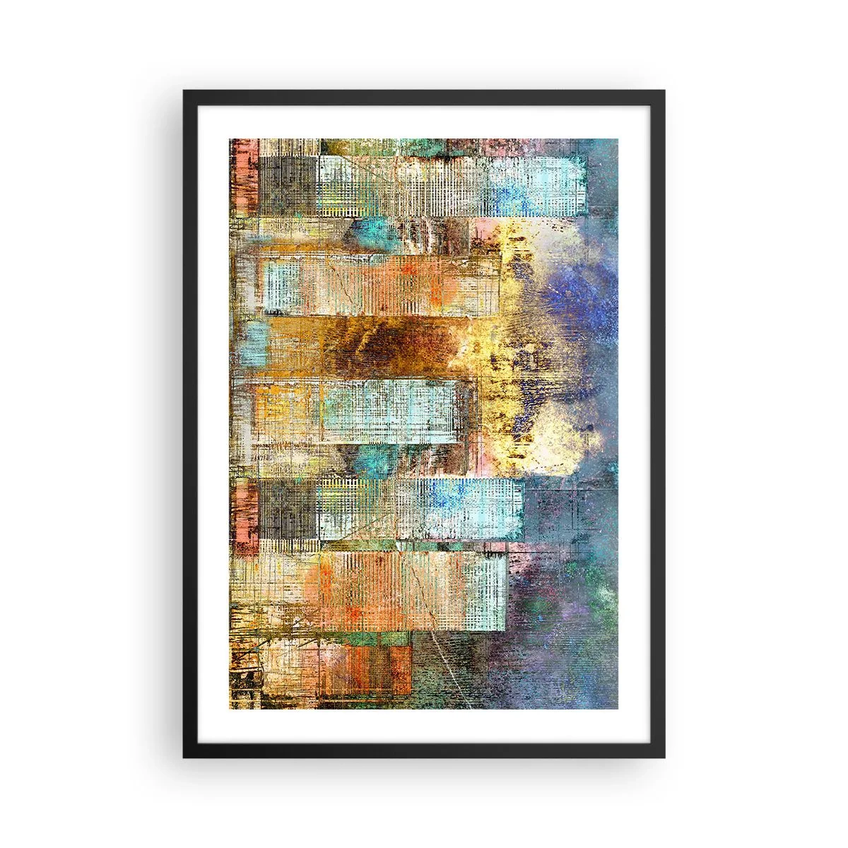 Póster en marco negro - Raya de acuarela en tonos azules sobre un fondo claro - 50x70cm - Metrópolis soleada - Decoración de pared moderna para salón y dormitorio ARTTOR