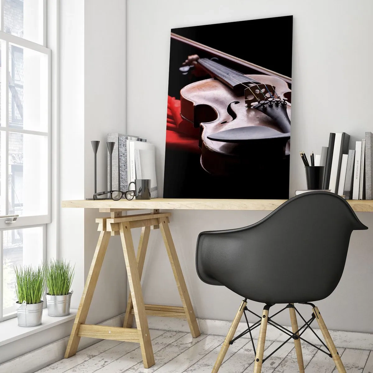 Cuadro sobre vidrio - Impresiones sobre Vidrio - Violín sobre tela roja con fondo negro. - 70x100cm - Música de sentimientos - Decoración de pared moderna para salón y dormitorio ARTTOR