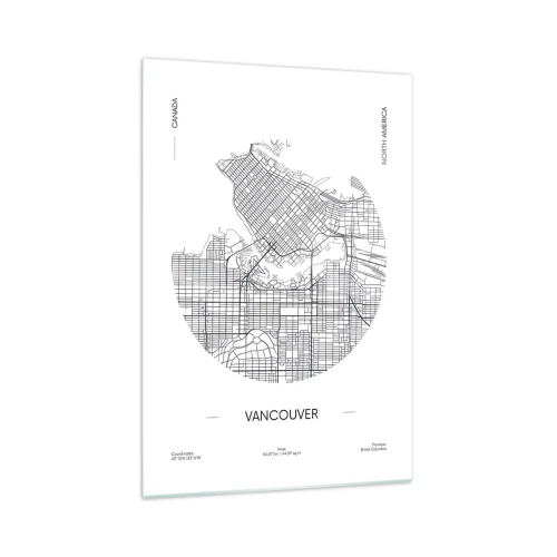 Cuadro sobre vidrio - Impresiones sobre Vidrio - Un mapa de Vancouver en un estilo minimalista en blanco y negro. - 70x100cm - Anatomía de Vancouver - Decoración de pared moderna para salón y dormitorio ARTTOR