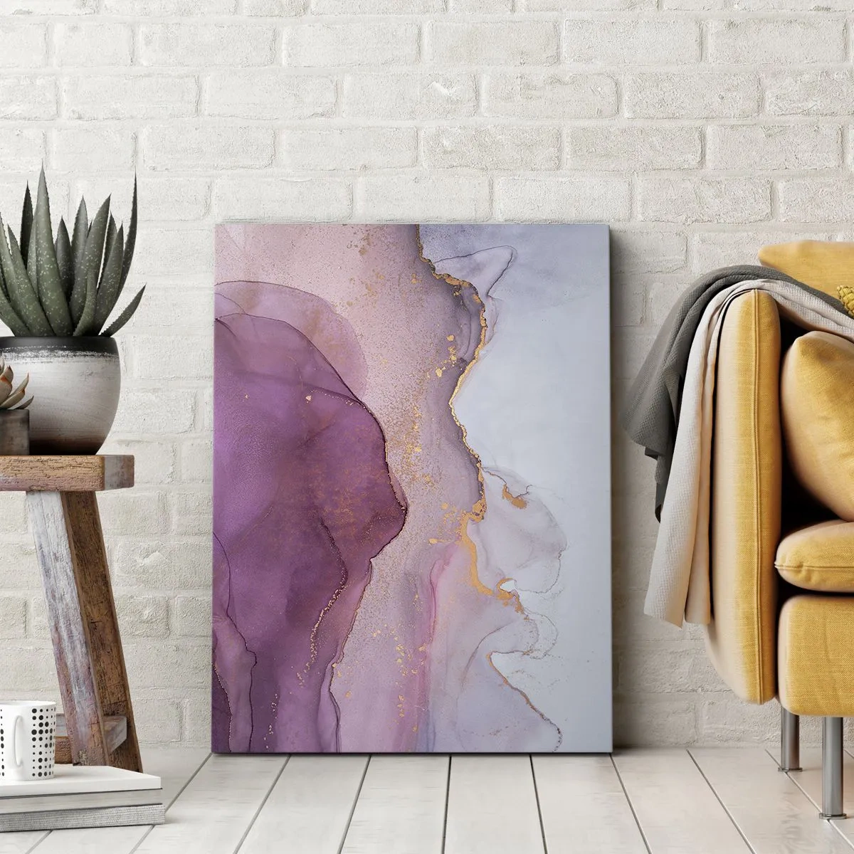 Cuadro sobre lienzo - Impresión de Imagen - Una composición abstracta en tonos morados y dorados. - 50x70cm - Olas de lila y púrpura - Decoración de pared moderna para salón y dormitorio ARTTOR