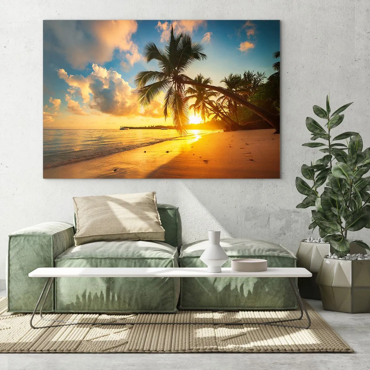 Cuadro sobre vidrio - Impresiones sobre Vidrio - Playa tropical con palmeras al atardecer - 70x50cm - Un sueño caribeño - Decoración de pared moderna para salón y dormitorio ARTTOR