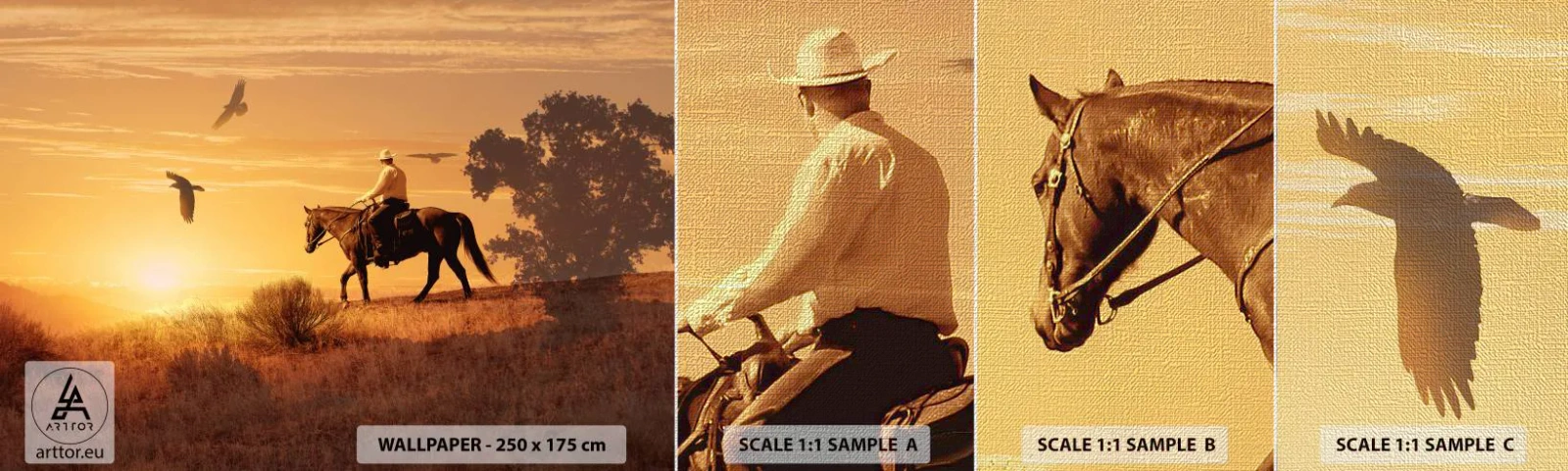 Muestra de fotomural Premium Canvas - Solo a través de la pradera - Caballo, Vaquero, Paisaje - 100x30 cm