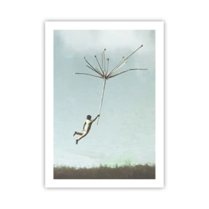 Póster - Una figura flotando en un tallo de diente de león contra el cielo. - 50x70cm - Bailando con la brisa - Decoración de pared moderna para salón y dormitorio ARTTOR
