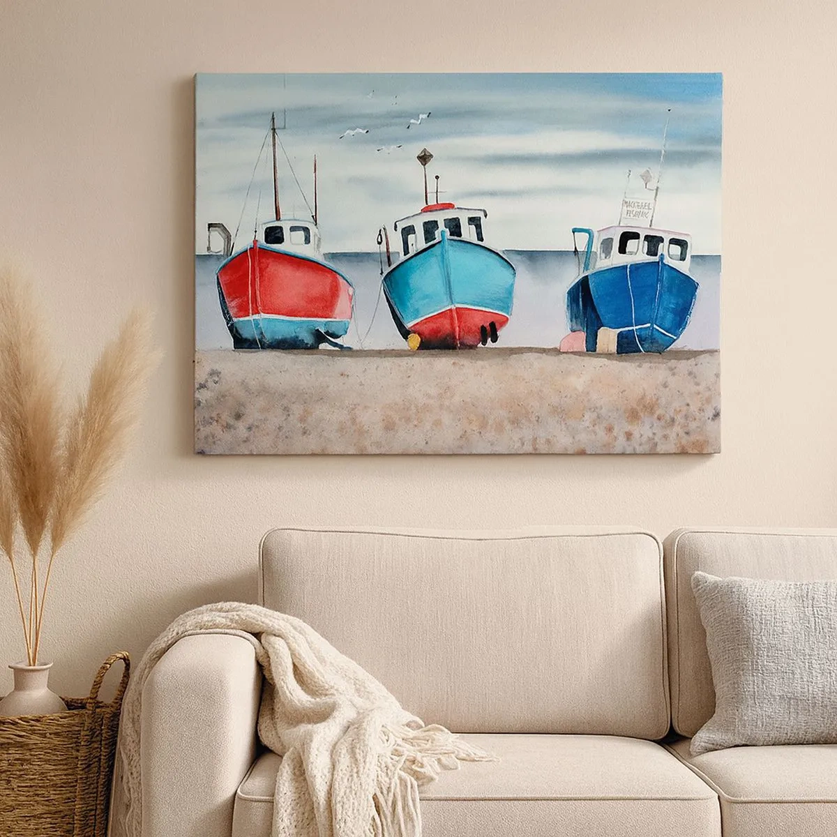 Cuadro sobre lienzo - Impresión de Imagen - Coloridos barcos de pesca en la orilla en un paisaje marino - 70x50cm - Listos para la pesca - Decoración de pared moderna para salón y dormitorio ARTTOR
