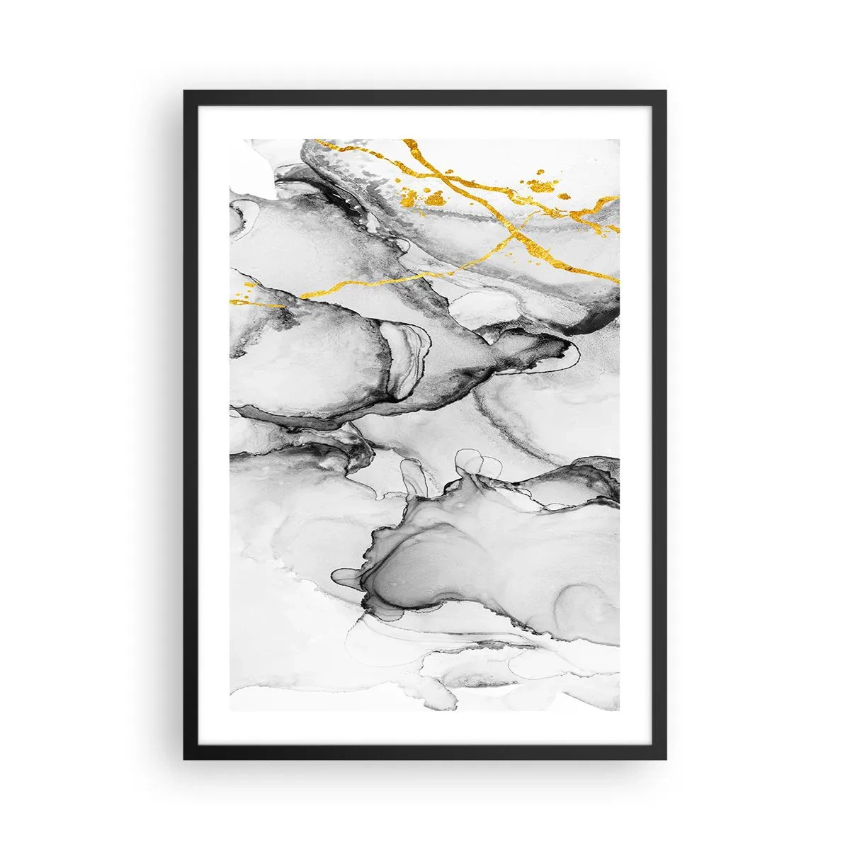 Póster en marco negro - Una composición abstracta en tonos grises con acentos dorados. - 50x70cm - Composición con motivo de oro - Decoración de pared moderna para salón y dormitorio ARTTOR