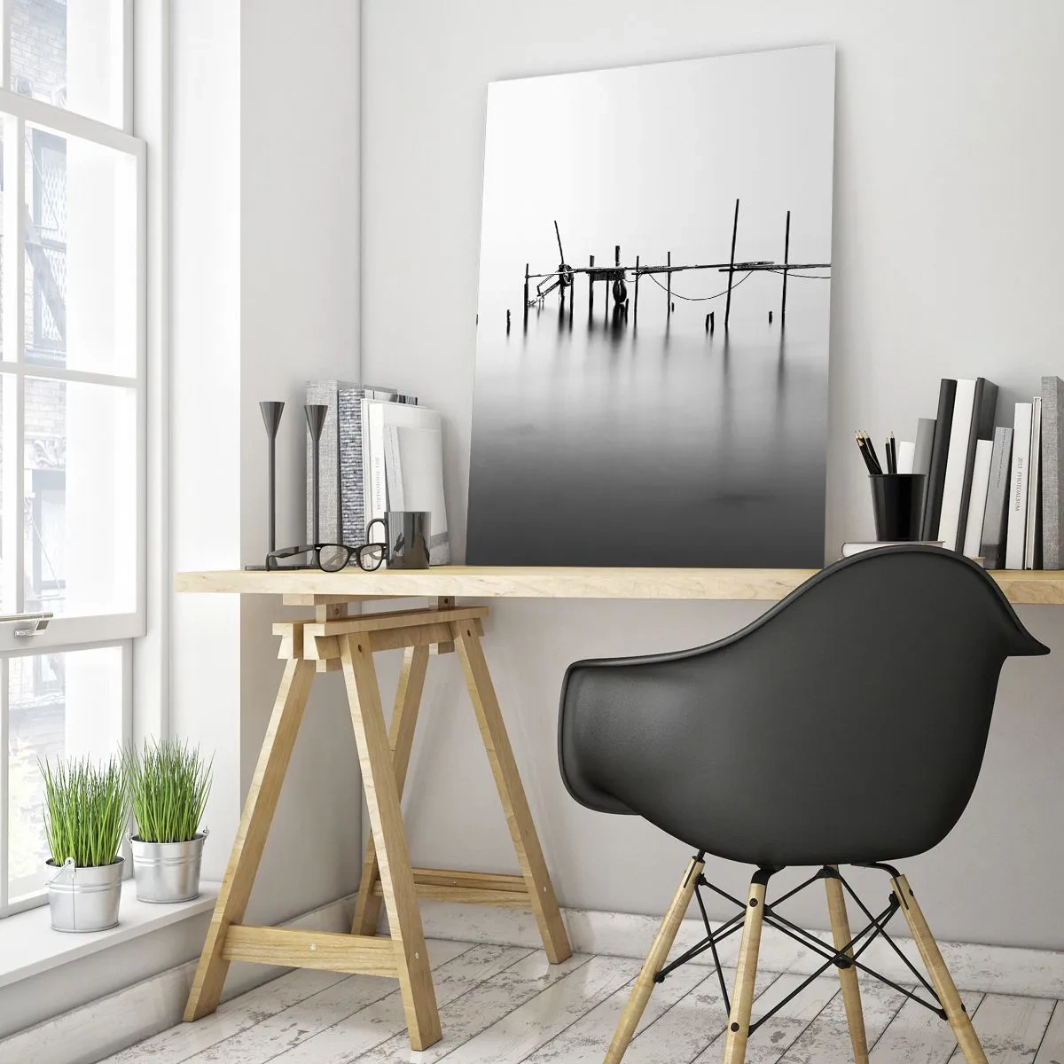 Cuadro sobre vidrio - Impresiones sobre Vidrio - Un embarcadero en blanco y negro inmerso en un paisaje brumoso. - 70x100cm - ¿Y si no hay mundo? - Decoración de pared moderna para salón y dormitorio ARTTOR