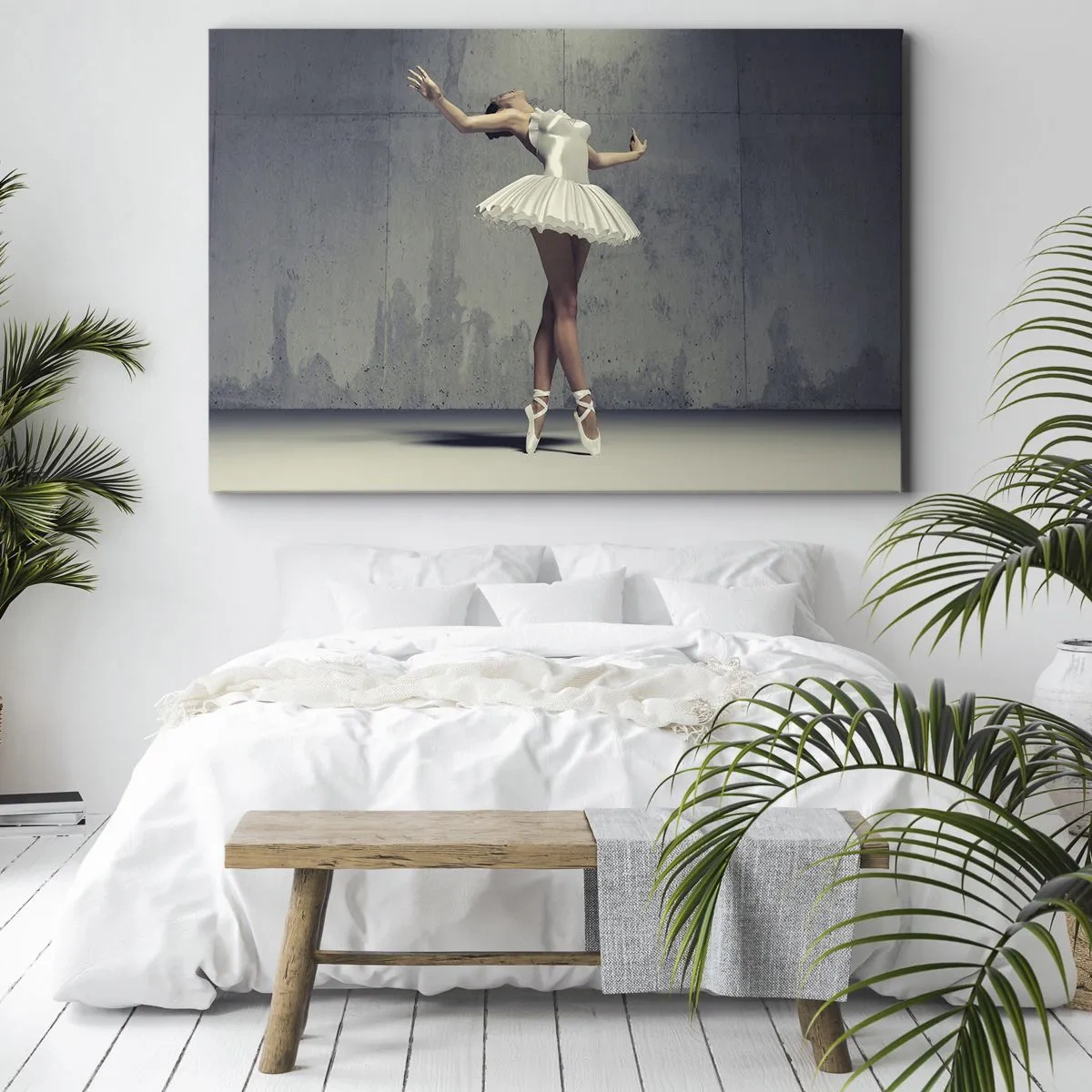 Cuadro sobre lienzo - Impresión de Imagen - Una bailarina de ballet con un vestido blanco frente a una pared sin rematar. - 70x50cm - Ligero como un pájaro - Decoración de pared moderna para salón y dormitorio ARTTOR