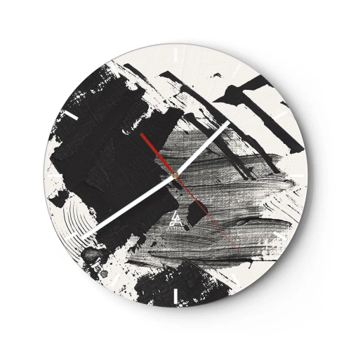 Reloj de pared - Reloj de vidrio - Abstracción dinámica en blanco y negro con trazos amplios. - 30x30cm - Abstracción: la expresión del negro - Decoración de pared moderna para salón, cocina y dormitorio ARTTOR