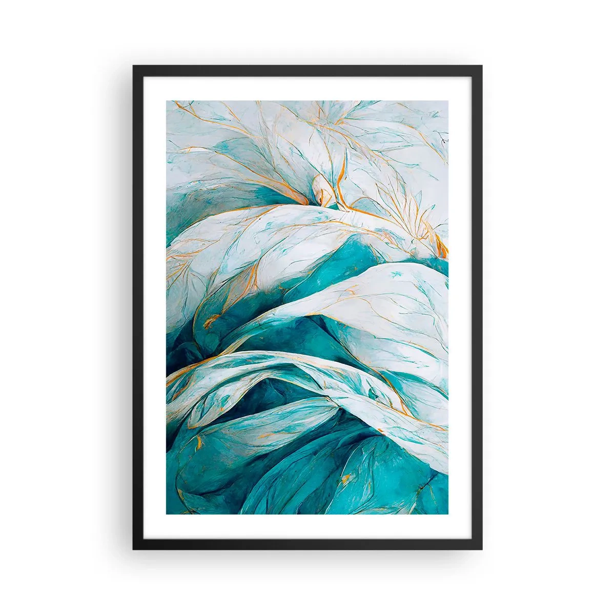 Póster en marco negro - Hojas abstractas en tonos turquesa y blanco con delicado dorado. - 50x70cm - Abstracción azul con motivos dorados - Decoración de pared moderna para salón y dormitorio ARTTOR