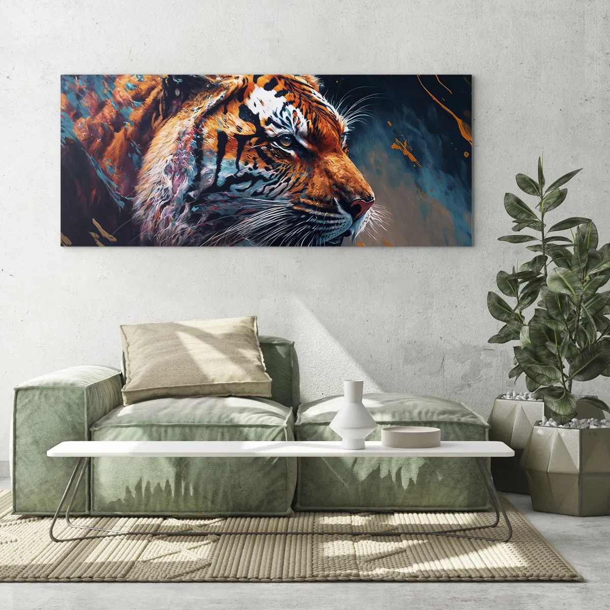 Cuadro sobre vidrio - Impresiones sobre Vidrio - Retrato de un tigre en colores dinámicos y abstractos. - 160x50cm - Belleza salvaje - Decoración de pared moderna para salón y dormitorio ARTTOR