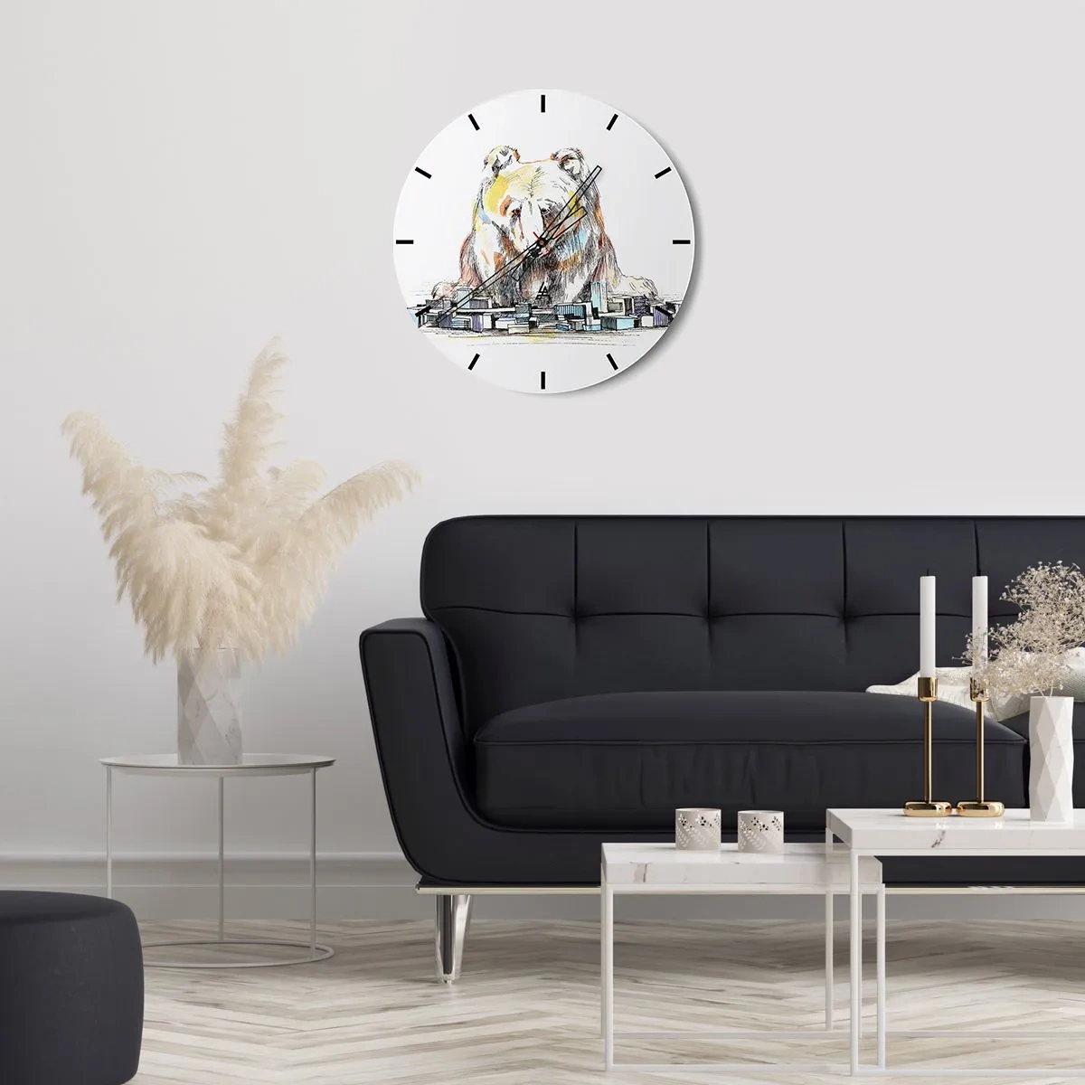 Reloj de pared - Reloj de vidrio - Dibujo de un oso sobre un paisaje urbano - 30x30cm - ¿Cómo podéis vivir así? - Decoración de pared moderna para salón, cocina y dormitorio ARTTOR
