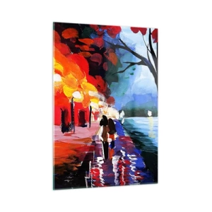 Cuadro sobre vidrio - Impresiones sobre Vidrio - Una pareja caminando en un parque colorido al atardecer. - 50x70cm - Otoño en el parque - Decoración de pared moderna para salón y dormitorio ARTTOR