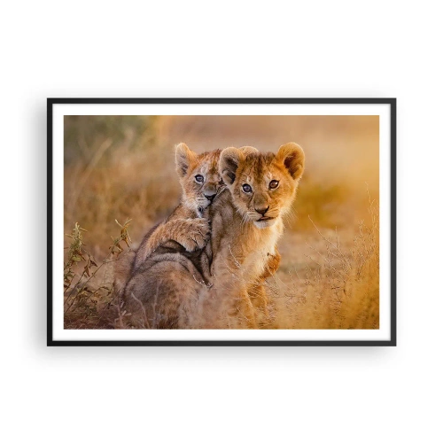 Póster en marco negro - Adorables cachorros de león en su entorno natural. - 100x70cm - ¡No molestar! Nos estamos divirtiendo - Decoración de pared moderna para salón y dormitorio ARTTOR