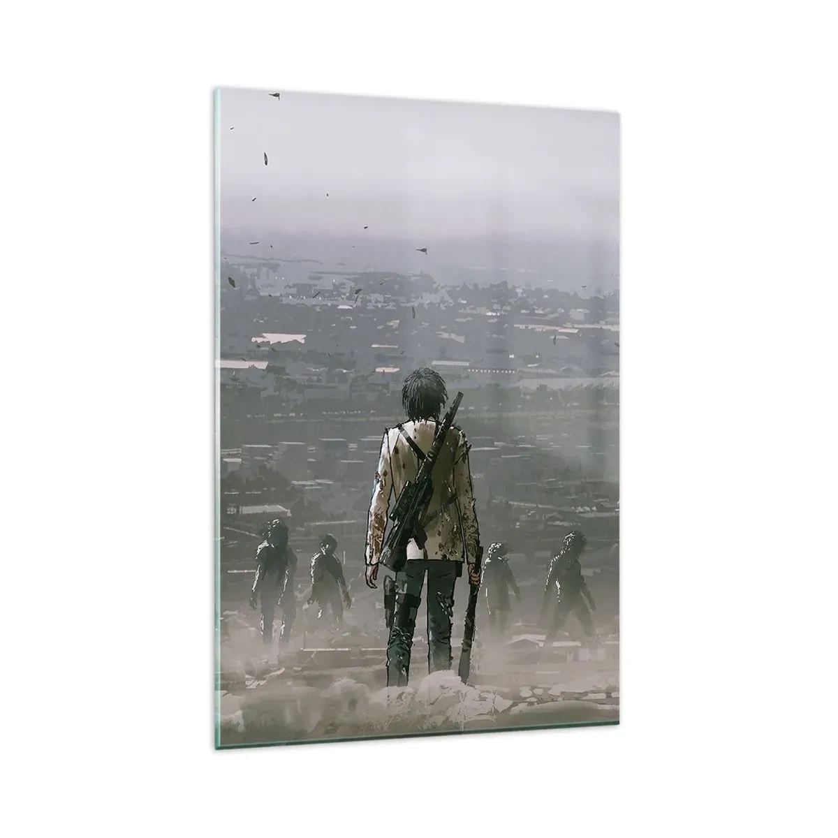 Cuadro sobre vidrio - Impresiones sobre Vidrio - Una figura con una pistola se encuentra frente a un grupo en un paisaje distópico. - 80x120cm - Soy leyenda - Decoración de pared moderna para salón y dormitorio ARTTOR