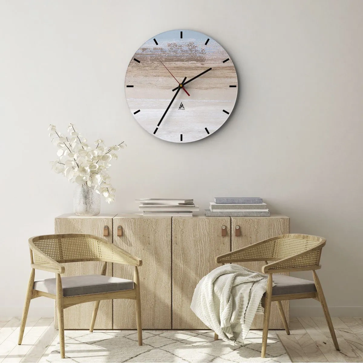 Reloj de pared - Reloj de vidrio - Paisaje pastel con rayas horizontales de color azul y beige. - 30x30cm - Paisaje ambiguo - Decoración de pared moderna para salón, cocina y dormitorio ARTTOR