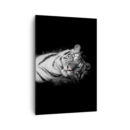 Cuadro sobre lienzo - Impresión de Imagen - Un tigre blanco representado artísticamente sobre un fondo negro. - 70x100cm - Salvaje y tranquilo - Decoración de pared moderna para salón y dormitorio ARTTOR