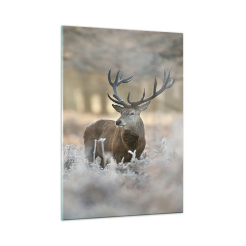Cuadro sobre vidrio - Impresiones sobre Vidrio - Un ciervo en un claro helado rodeado de un bosque invernal. - 50x70cm - Una mañana fresca - Decoración de pared moderna para salón y dormitorio ARTTOR