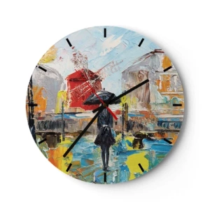 Reloj de pared - Reloj de vidrio - Escena urbana colorida con una mujer y un molino de viento. - 30x30cm - Leyendas parisinas - Decoración de pared moderna para salón, cocina y dormitorio ARTTOR