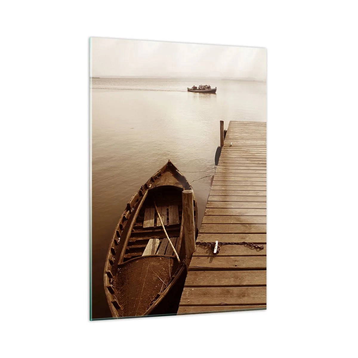 Cuadro sobre vidrio - Impresiones sobre Vidrio - Un barco en un muelle en un lago tranquilo en sepia. - 50x70cm - La auténtica paz - Decoración de pared moderna para salón y dormitorio ARTTOR