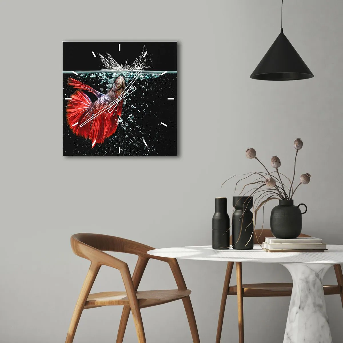 Reloj de pared - Reloj de vidrio - Un magnífico betta en el agua sobre un fondo oscuro. - 30x30cm - Tienes tres deseos - Decoración de pared moderna para salón y dormitorio ARTTOR