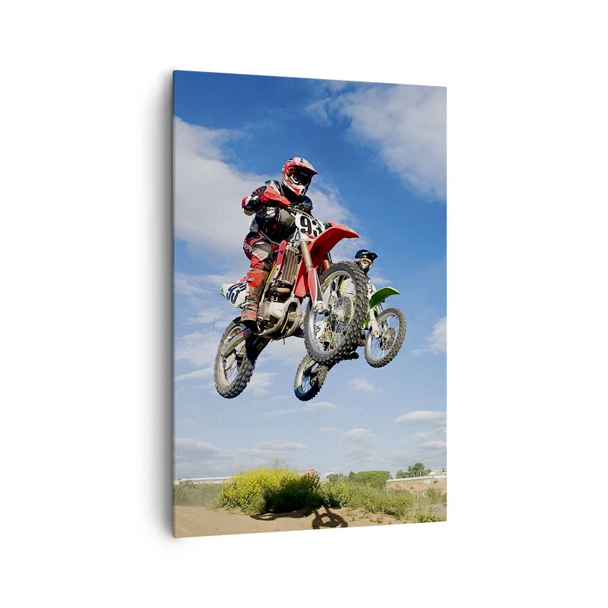 Cuadro sobre lienzo - Impresión de Imagen - Pilotos de motocross en el aire durante un salto - 80x120cm - Salto del cielo - Decoración de pared moderna para salón y dormitorio ARTTOR