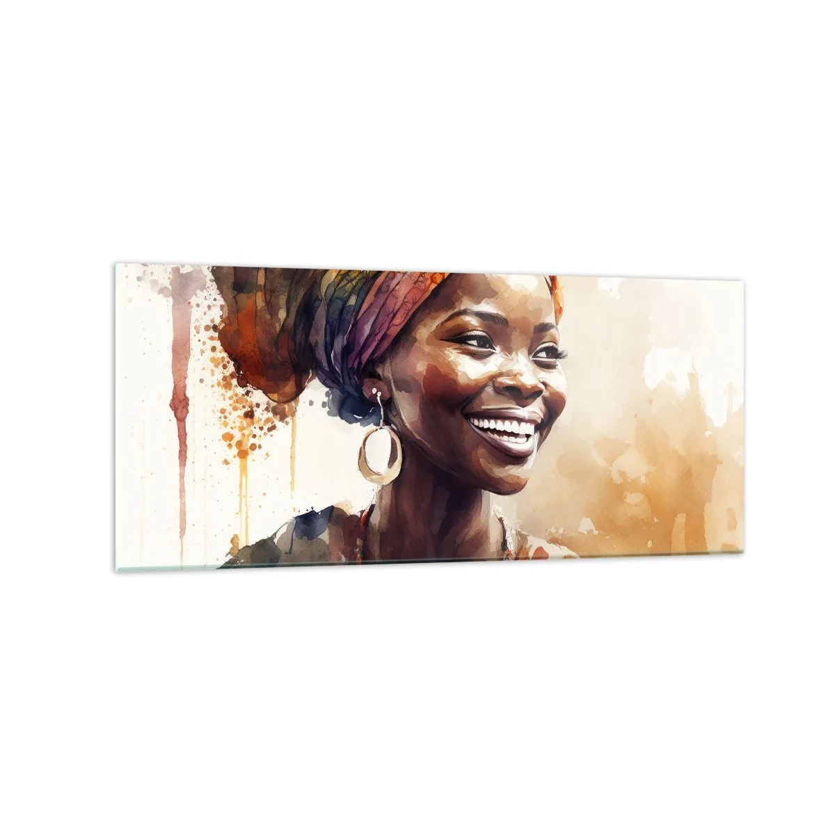 Cuadro sobre vidrio - Impresiones sobre Vidrio - Retrato de una mujer sonriente con una bufanda colorida en acuarela - 120x50cm - Reina africana - Decoración de pared moderna para salón y dormitorio ARTTOR