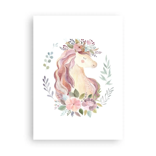 Póster - Un unicornio de acuarela rodeado de flores pastel. - 50x70cm - Una invitación al mundo de los cuentos de hadas - Decoración de pared moderna para salón y dormitorio ARTTOR