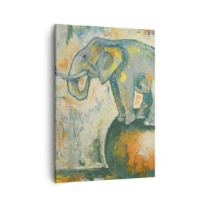 Cuadro sobre lienzo - Impresión de Imagen - Un elefante haciendo equilibrio sobre una pelota en un estilo artístico. - 50x70cm - ¡Viva el circo! - Decoración de pared moderna para salón y dormitorio ARTTOR