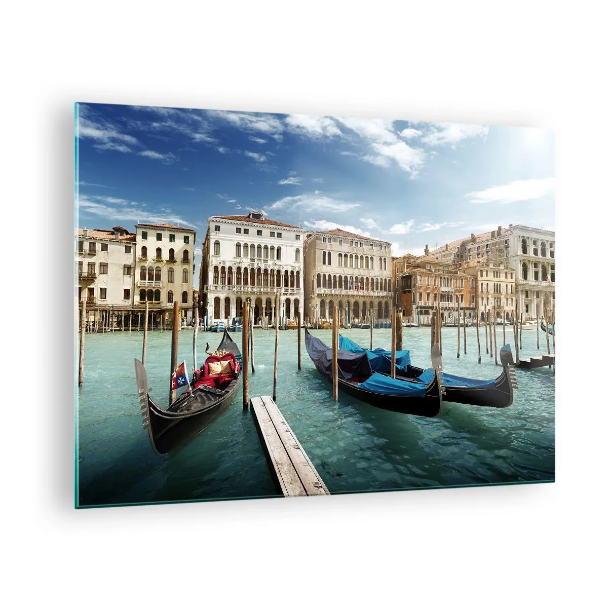 Cuadro sobre vidrio - Impresiones sobre Vidrio - Góndolas en un canal de Venecia en un día soleado - 70x50cm - Palacios en azul - Decoración de pared moderna para salón y dormitorio ARTTOR