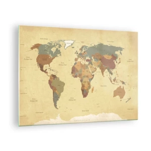 Cuadro sobre vidrio - Impresiones sobre Vidrio - Un mapa del mundo en tonos beige y marrón sobre un fondo vintage. - 70x50cm - Para ti, el mundo entero - Decoración de pared moderna para salón y dormitorio ARTTOR