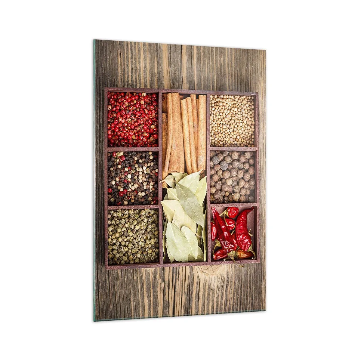 Cuadro sobre vidrio - Impresiones sobre Vidrio - Caja de madera con varias especias en compartimentos. - 70x100cm - Orden de formas, composición de aromas - Decoración de pared moderna para salón y dormitorio ARTTOR