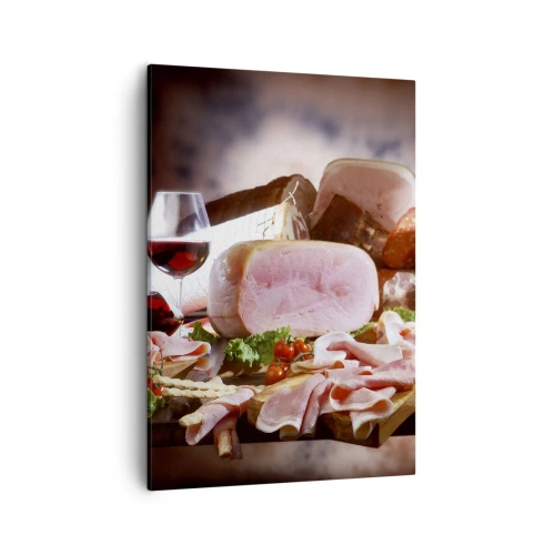Cuadro sobre lienzo - Impresión de Imagen - Embutidos con vino sobre fondo rústico - 50x70cm - Un sueño culinario - Decoración de pared moderna para salón y dormitorio ARTTOR