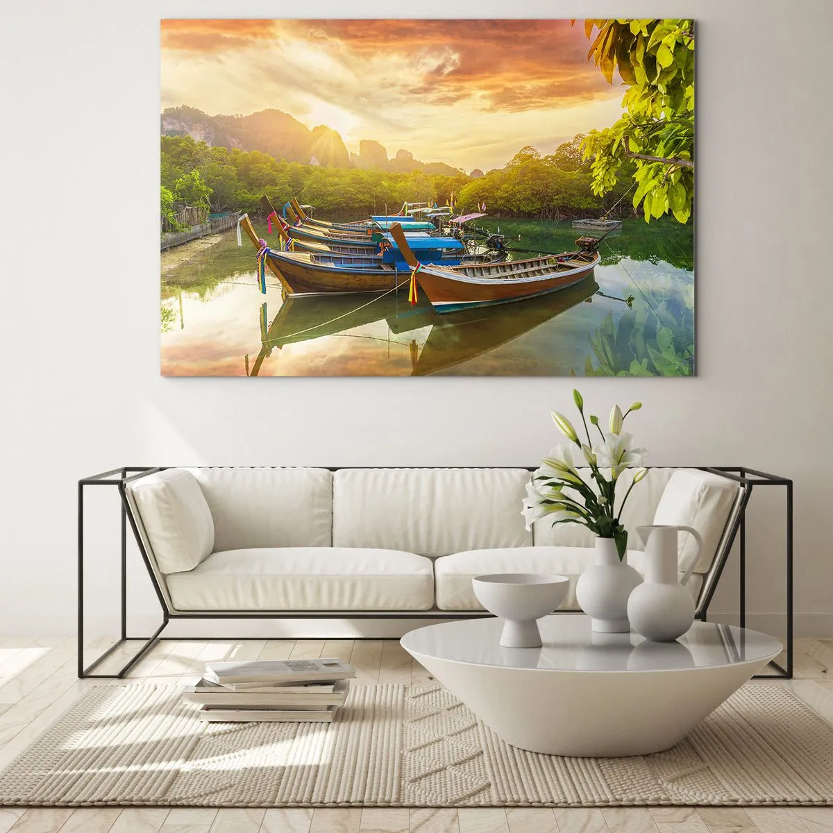 Cuadro sobre vidrio - Impresiones sobre Vidrio - Barcos tradicionales en un paisaje tropical al atardecer. - 120x80cm - Antes de un día ajetreado - Decoración de pared moderna para salón y dormitorio ARTTOR