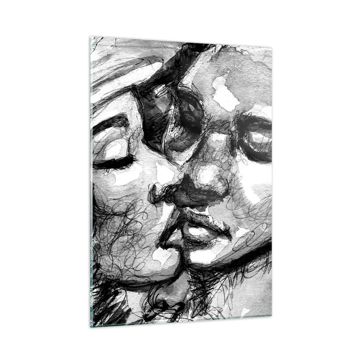 Cuadro sobre vidrio - Impresiones sobre Vidrio - Boceto en blanco y negro de un tierno beso. - 50x70cm - Un momento tierno - Decoración de pared moderna para salón y dormitorio ARTTOR