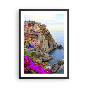 Póster en marco negro - Vista de edificios coloridos en un acantilado sobre el mar. - 50x70cm - La ciudad de la risa - Decoración de pared moderna para salón y dormitorio ARTTOR