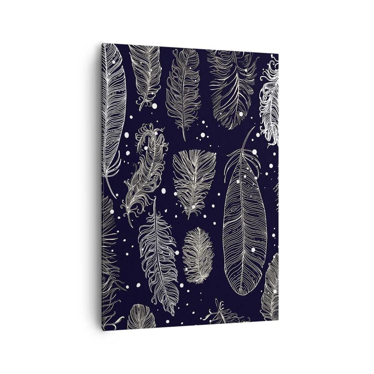 Cuadro sobre lienzo - Impresión de Imagen - Delicadas plumas blancas sobre un fondo azul marino. - 70x100cm - Encaje de plumas - Decoración de pared moderna para salón y dormitorio ARTTOR