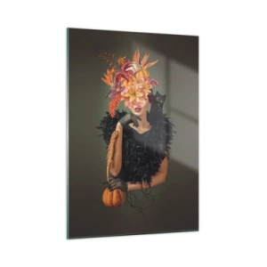 Cuadro sobre vidrio - Impresiones sobre Vidrio - Figura de una mujer de negro con una calabaza, un gato y un arreglo floral. - 50x70cm - Hechizo de bruja - Decoración de pared moderna para salón y dormitorio ARTTOR