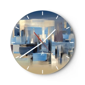Reloj de pared - Reloj de vidrio - Composición geométrica abstracta en tonos azules. - 30x30cm - Construcción azul - Decoración de pared moderna para salón, cocina y dormitorio ARTTOR