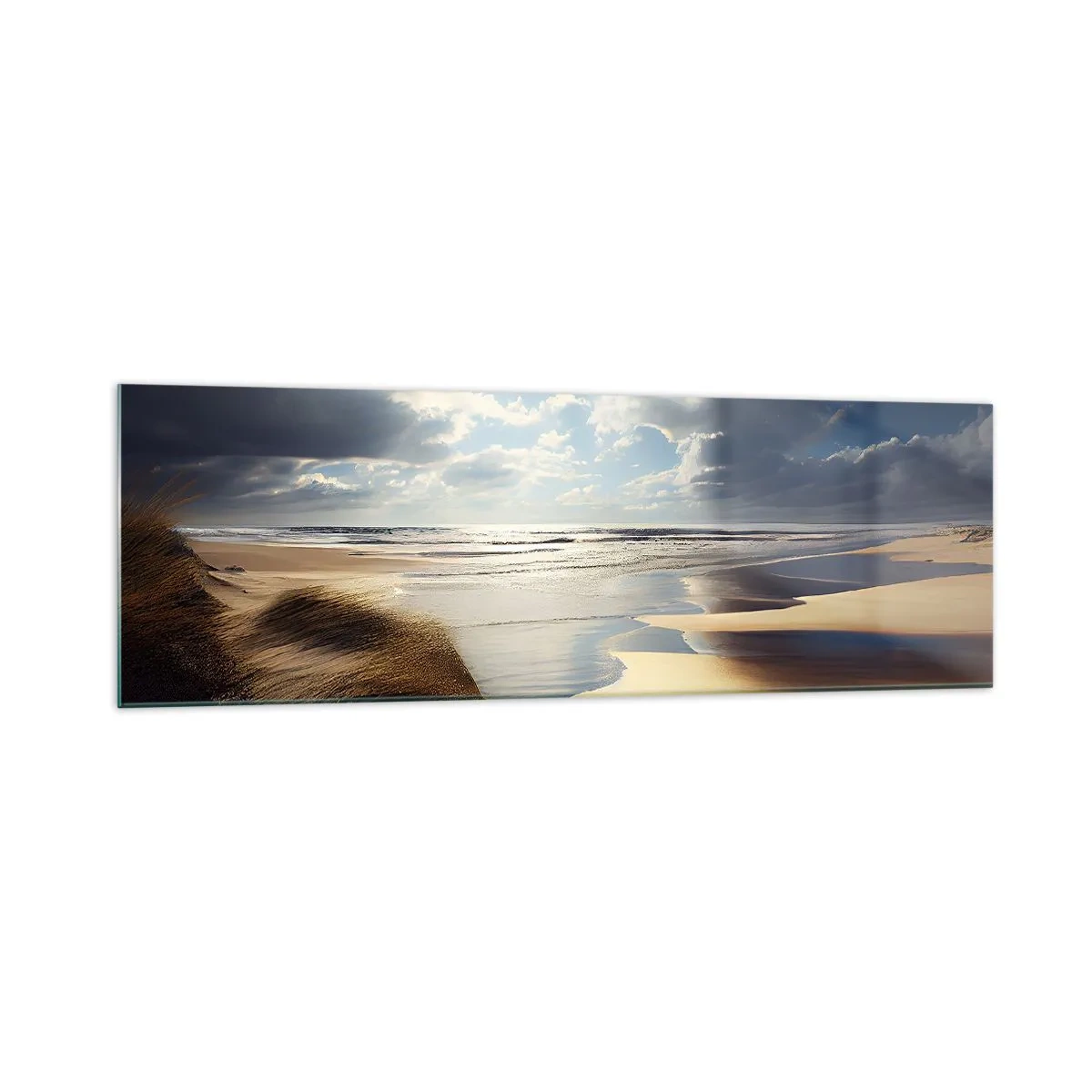 Cuadro sobre vidrio - Impresiones sobre Vidrio - Una playa salvaje con dunas y cielos azules. - 160x50cm - Playa, playa salvaje - Decoración de pared moderna para salón y dormitorio ARTTOR
