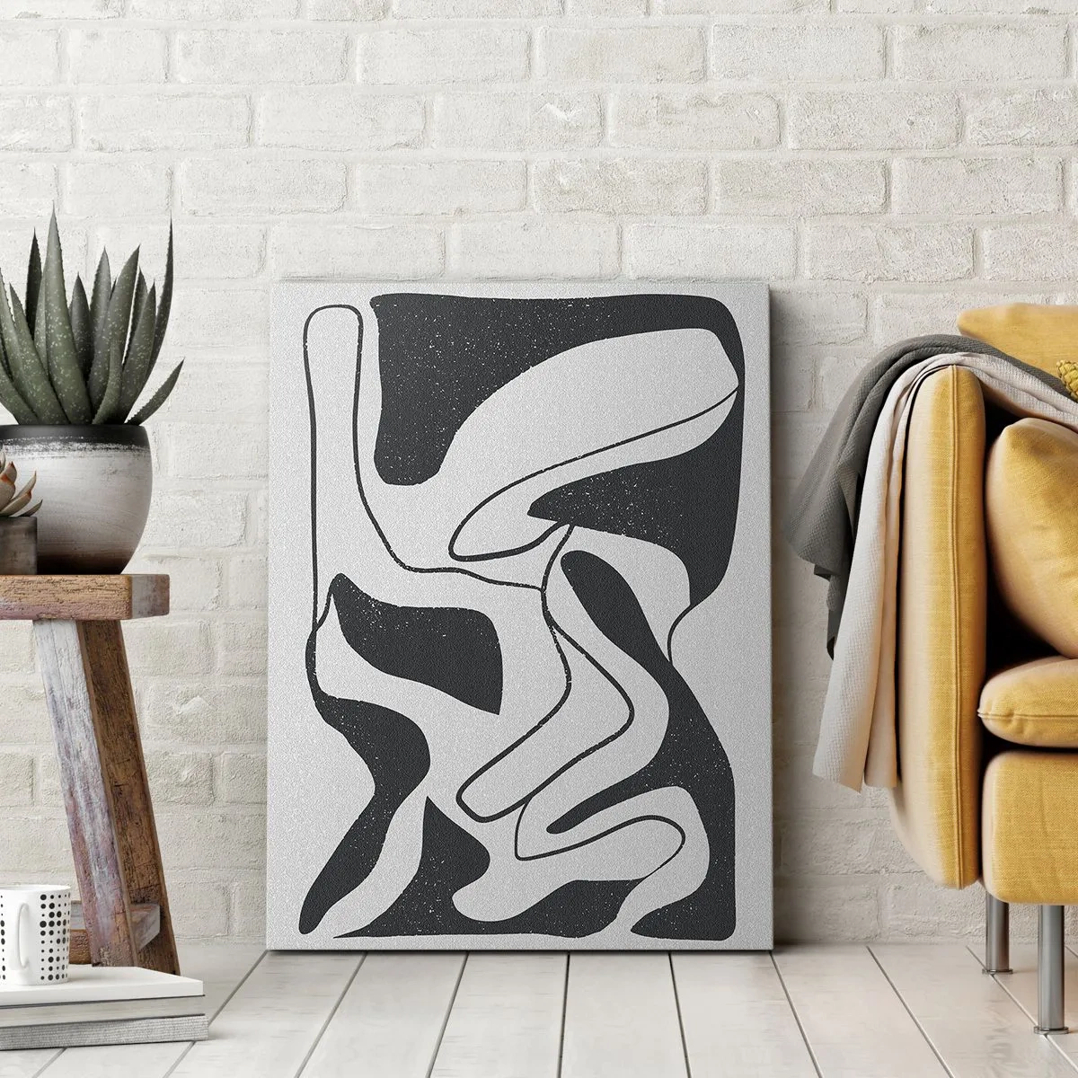Cuadro sobre lienzo - Impresión de Imagen - Abstracción en blanco y negro con formas orgánicas. - 70x100cm - Juego abstracto en un laberinto - Decoración de pared moderna para salón y dormitorio ARTTOR