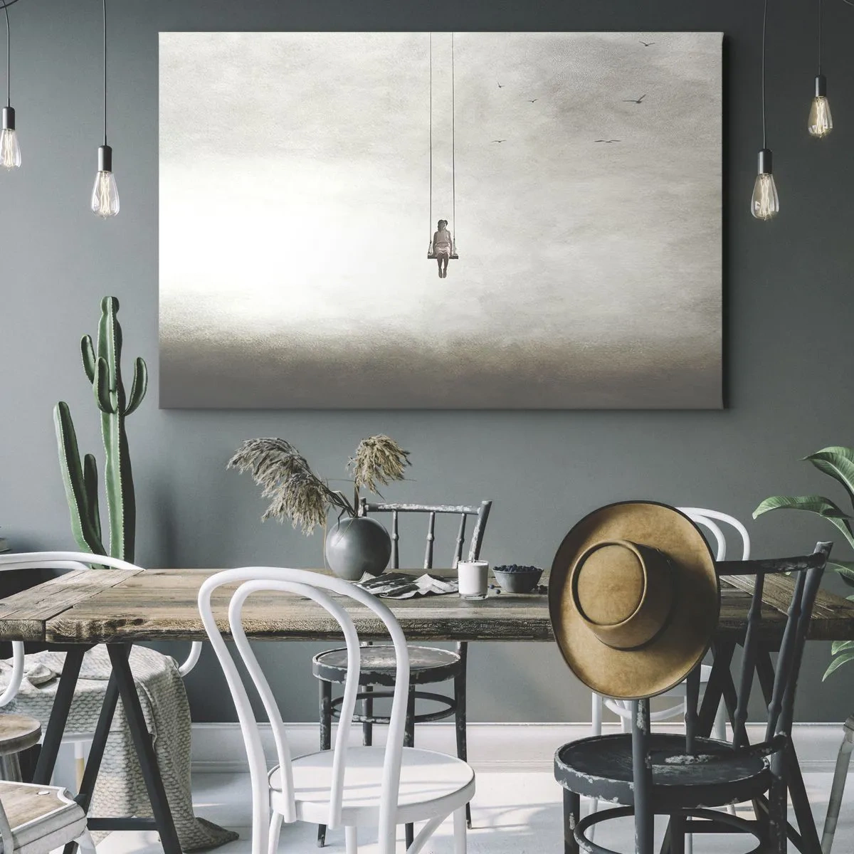 Cuadro sobre lienzo - Impresión de Imagen - Una figura en un columpio suspendida en el espacio. - 120x80cm - El niño que llevamos dentro - Decoración de pared moderna para salón y dormitorio ARTTOR